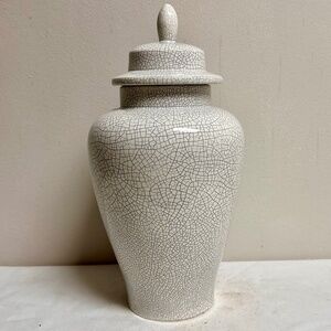 Vintage White Crackle Finish Ceramic Ginger Jar VaseTemple Jar Asian Modern 16”